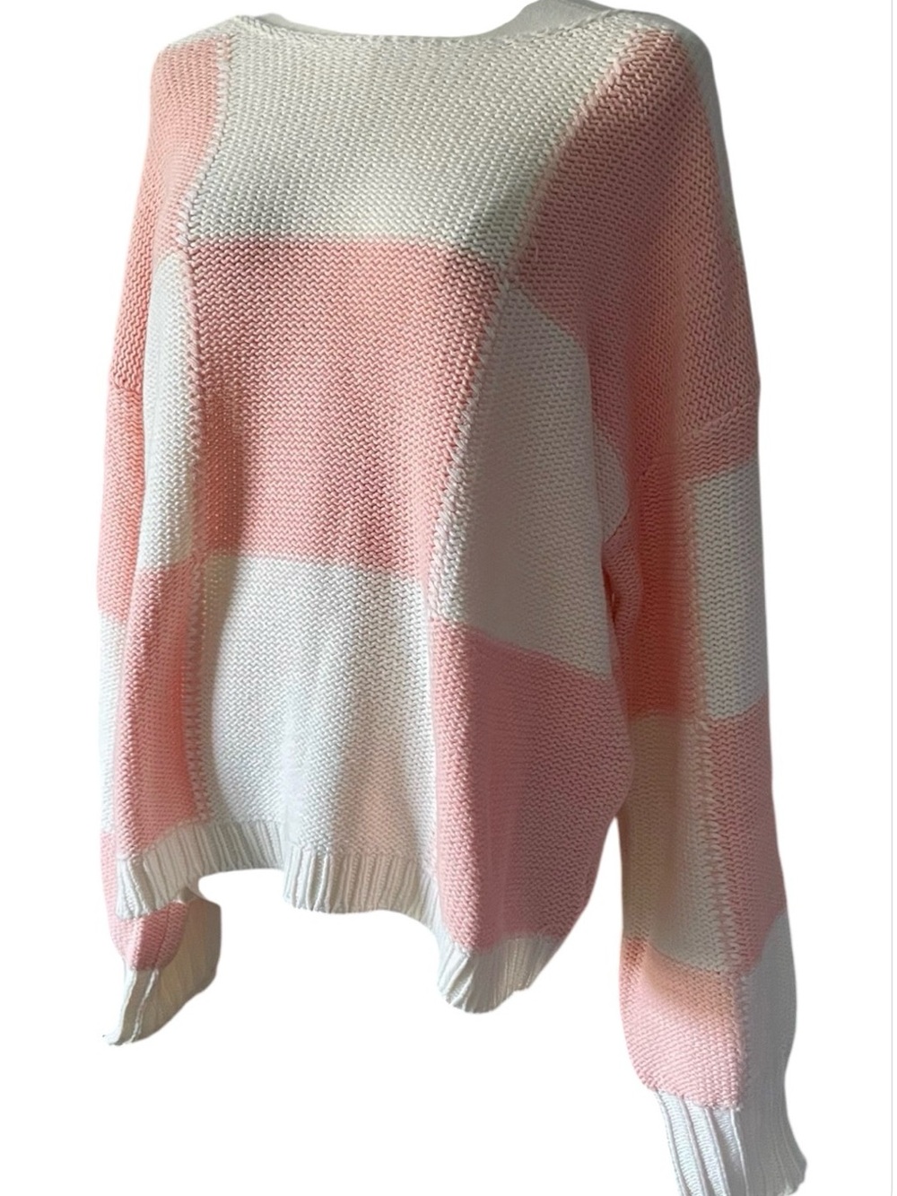 Hem & Thread Blush Pink/Peach Ivory Checkerboard Knit Sweater Sz L NWT - Picture 2 of 11